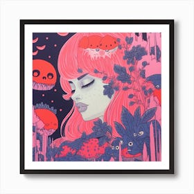 Ethereal Girl Surreal Risograph Illustration, Bubblegum Colours 2, Halloween Forest Art Print