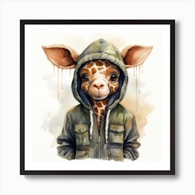 Watercolour Cartoon Giraffe In A Hoodie 1 Art Print