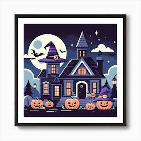 Halloween House With Pumpkins At Night - Cute Vector style Illustration 1 Affiche