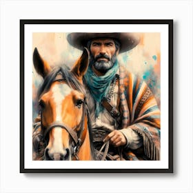 Midaged Mexican Rider With Poncho And Hat On A Horse Detail Color Painting Art Print