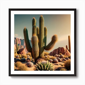 An Saguaro Growing On A Desert Mountain Hillside Art Print