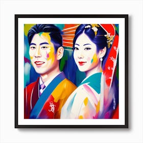 Japanese Couple in Traditional Attire Oil Painting Art Print