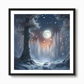 Silver Snowy Forest at Night Art Print