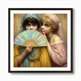Two Girls Holding A Fan 2 Art Print