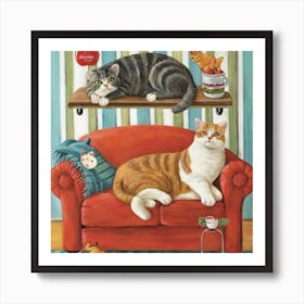 Couch Potato Cat Paradise Print Art - Imagine Cats Lounging On Comfy Sofas With Snacks Art Print