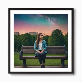 A Girl Is Sitting On Bench In A Park Art Print