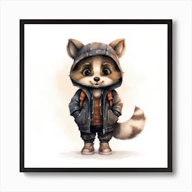 Watercolour Cartoon Raccoon In A Hoodie 1 Art Print