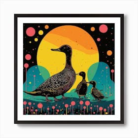 Ducklings At Night Linocut Style 1 Art Print