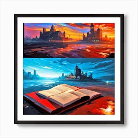 Sunset With Book And City Art Print