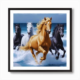 Four Horses Running On The Beach Art Print