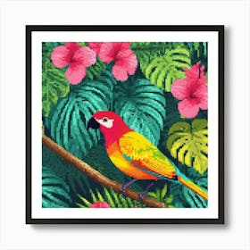 Parrot In The Jungle, Tropical, pic cell art, good flowers, nice colors, flowers, trees, digital art of nature, wall art of birds, wall art of flowers, wall art of greenery Art Print