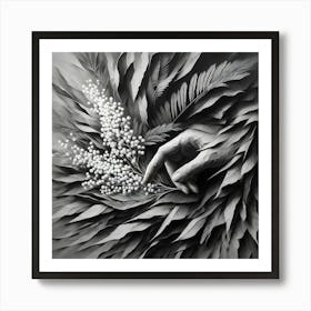 Abstract, Black And White, Nature’s Touch: Hand Among Leaves Art Print