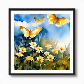 Yellow Flowers And Butterflies Art Print