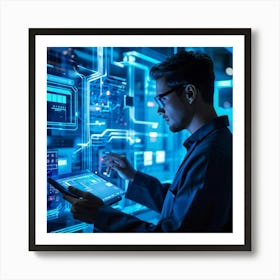 Abstract Cyber Industrial Icon Featuring A Futuristic Manager Interfacing With An Ai System Engagin (3) Art Print