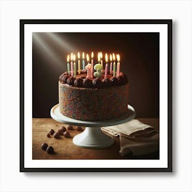 Scrumptious and Delicious Chocolate Cake with Brightly Burning Candles to Celebrate a Special Day Art Print
