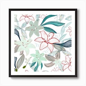 Jungle Warrior Exotic Lily Hand Painted Artistic Pattern White Background Square Art Print