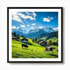 Alpine Pastoral Landscape Cows Grazing On Lush Green Slopes Snow Capped Mountains In The Distance Art Print