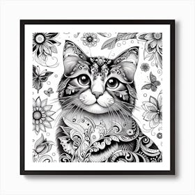 Cat With Flowers 1 Art Print