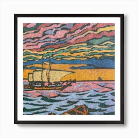 Oil painting of a boat in a body of water, woodcut, inspired by Gustav Baumann 5 Art Print