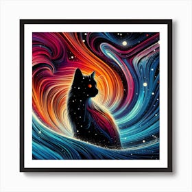 Silhouettes of colorful cat Art Print