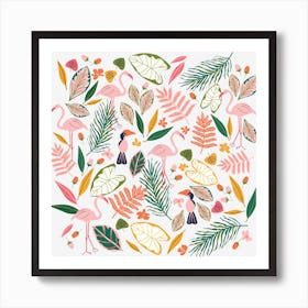 Flamingos And Leaves Art Print