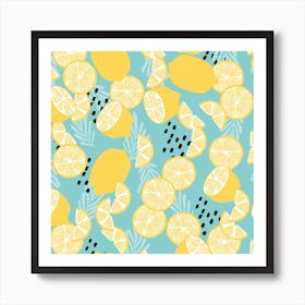 Lemon And Lemon Slices Pattern With Decoration Square Art Print