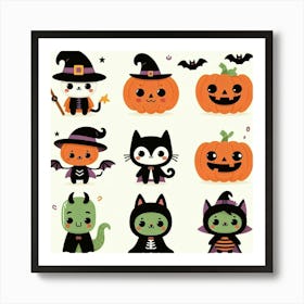 Set Of Cute Halloween Characters - Vector style Illustration Art Print