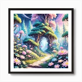 A Fantasy Forest With Twinkling Stars In Pastel Tone Square Composition 258 Art Print