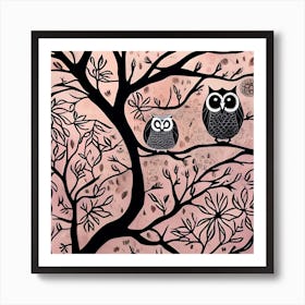 Adorable Owls In Tree Art Print