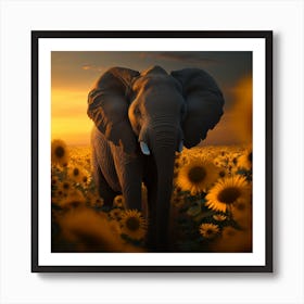 Elephant In Sunflower Field Art Print