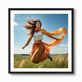 A Youthful Female Exuding Vitality Engaged In Jumping With Unrestrained Joy Sporting Healthy Slim (6) Art Print