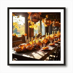 Autumn Table Decor Sprawling Across A Rustic Wooden Table Scattered Bright Orange Pumpkins Accompan (2) Art Print