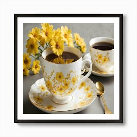 Cup Of Coffee With Yellow Flowers Art Print