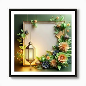 Frame With Flowers And Lantern Art Print