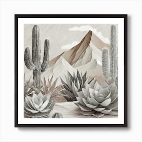 Firefly Modern Abstract Beautiful Lush Cactus And Succulent Garden In Neutral Muted Colors Of Tan, G (25) Art Print