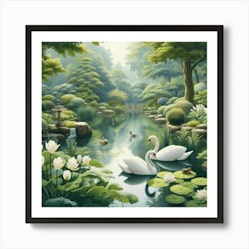 Swans In The Pond 4 Art Print