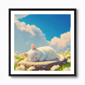 White Cat Sleeping In Daisies Art Print