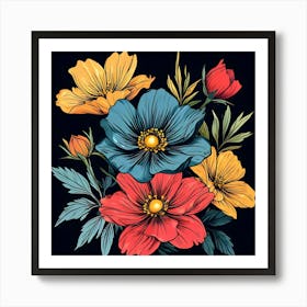 Flowers On Black Background Art Print