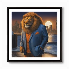 Lion In Beach Suit At Night, Downtown New York, By Vladimir Loz, In The Style Of Surrealistic Elemen (1) Art Print