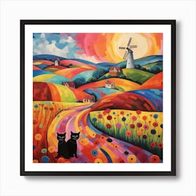 Two Cats Sat In The Rolling Fields In Front Of A Medieval Windmill Town Art Print