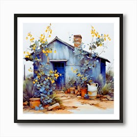 Blue House With Yellow Flowers Art Print