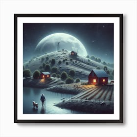 A man and his dog in a village in the moon Art Print