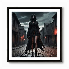 Dark Anime Character Clad In Black Blood Red Lines Streaking Over Her Outfit Stands Against A Rust Town Art Print