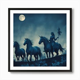 Three Unicorns At Night Art Print