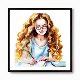 Watercolor Girl Writing Art Print