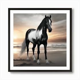 Black And White Horse On The Beach Art Print