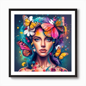 Beautiful Girl With Butterflies On Her Head Art Print