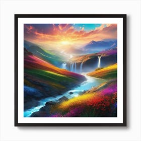 Colorful Landscape With A Waterfall Art Print
