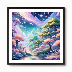 A Fantasy Forest With Twinkling Stars In Pastel Tone Square Composition 435 Art Print