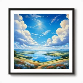 Cumulus Clouds Cotton Like In Texture Dominate The Expansive Azure Sky While A Serene Landscape Un (2) Art Print